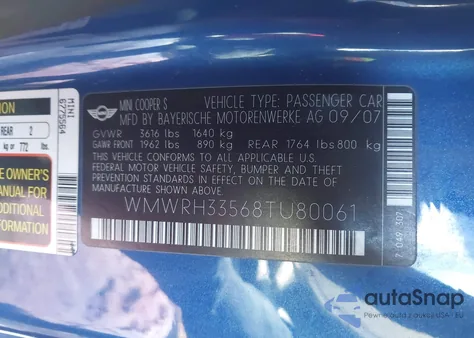 2008 Mini Cooper S from USA, damaged, VIN WMWRH33568TU80061